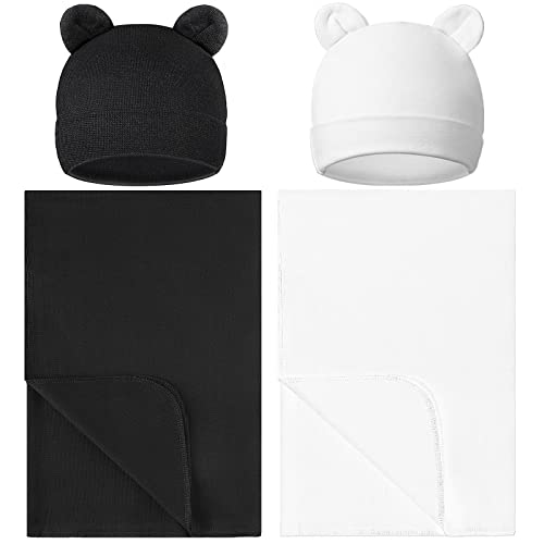 Image of Geyoga 2 Sets Newborn Infant Swaddle Hat Infant Bear Ear Beanie Baby Receiving Blankets Newborn Swaddle Wrap Hospital Receiving Blankets for 0-6 Mouths Unisex Baby Boys Girls (Black, White)