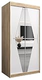 ABIKSMEBLE Boliwia 100 Armario 2 Puertas Correderas para Dormitorio - Armario Moderno con Espejo, Barra y Estantes - 100x200x62 cm (Ancho x Alto x Fondo) - Sonoma + Blanco Mate