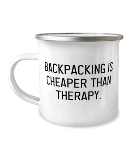 Unique Backpacking Gifts, Backpacking is Cheaper Than Therapy, Cool 12oz Camper Mug For Friends, From Friends, Hiking, Camping, Backpacking gear, Outdoor adventure, Nature lover