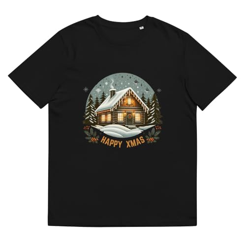 T-shirt Happy Xmas Home maison neige lumières coton bio noir M