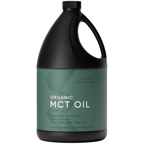 Image of Sports Research Organic Coconut MCT Oil 128oz, Unflavored | Brain & Body Fuel, Great in Keto Coffee & Protein Shakes, Non-GMO, Dairy-Free, 252 Servings, Easy Dispensing Pump Included