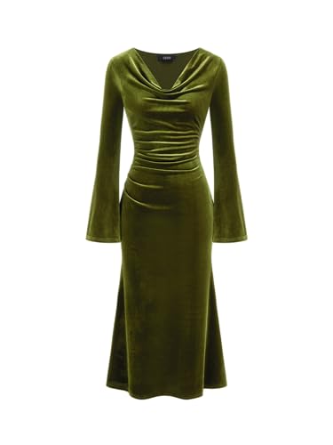 CIDER Velvet Dress Fall Wedding Guest Dresses for Women Long Belll Sleeve Cowl Neck Midi Cocktail Formal Dresses Trendy Green