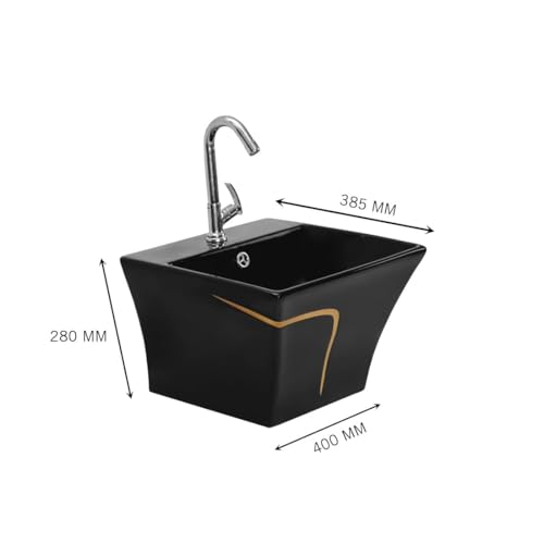 Image of Wall Mounted Wash Basin for Bathroom | Wall Hung Wash Basin /Sink (15.74 x 15.15 x 11.02 Inch, PROTON ROYAL BLACK (GLOSSY))