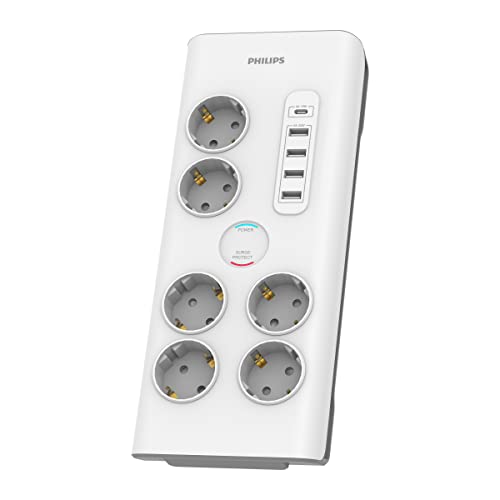Philips SPN7060WA/10 - Regleta de 6 Enchufes Schuko, Enchufe Múltiple, 4 Puertos USB 35W y 1 USB Tipo C, Ladrón Alargador, Protección Infantil Sobretensión, Cable 2 Metros - Color Blanco