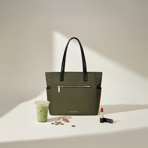 Image of Accessorize London Women's Olive Green Kimberly Nylon Zippered Tote | water-resistant Shoulder Bag | Stylish Casual & Travel Handbag