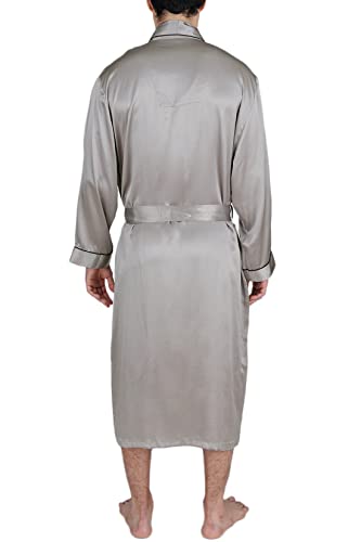 Oscar Rossa Men's Luxury Silk Sleepwear 100% Silk Long Robe Kimono, Silver Grey #TOP1