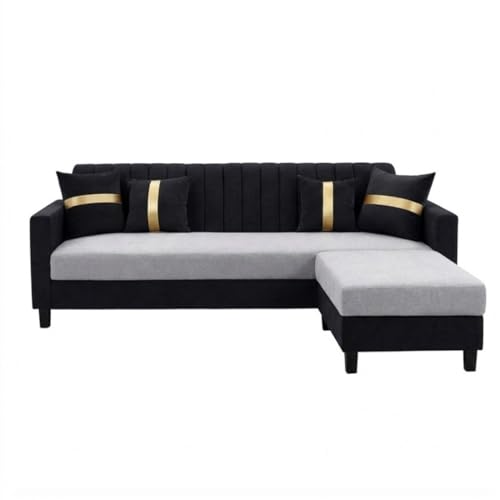 Image of CASASTYLE Korion 4 Seater L Shape Sofa Set with Movable Ottoman | Flexible Left or Right Layout | Cozy Velvet Fabric | Soft Touch Seating | Modern Designer Sofa for Living Room (Black-Light Grey)