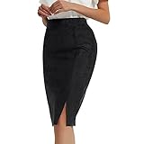XULIKU Women's Suede High Waist Bodycon Midi Pencil Skirt with Slit Knee Length Back Zipper Hip...