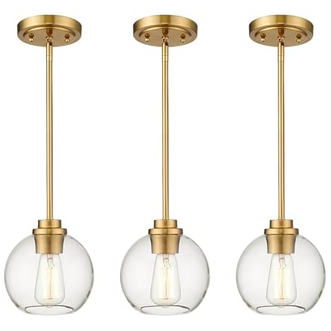 Audickic 3 Pack Brass Pendant Lights Kitchen Island, Farmhouse Gold Pendant Light with Clear Glass Globe Shade, Kitchen Island Lighting for Dining Room Entryway, AD-22280-1P2-GD-C Cover
