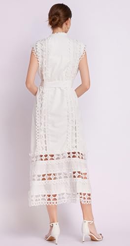 Image of LAI MENG FIVE CATS Women's Sleeveless Hollow Out Lace Button Up Casual Midi Party Dress with Belt