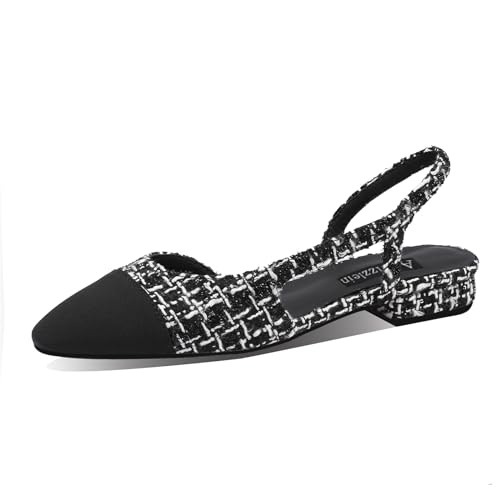 Adrizzlein Womens Slingback Flat Pumps Closed Round Toe Two Toned Casual Office Shoes Black White Thread Size 6.5