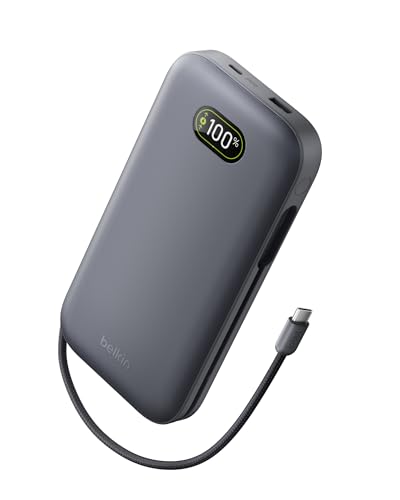 Belkin UltraCharge Pro Batterie Externe 27000mAh, Chargeur Portable avec Câble USB-C Intégré, USB PD 240 W, Power Bank Charge Rapide pour MacBook Pro, iPhone, iPad, Galaxy, Pixel, etc., Gris