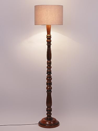 Image of Cotton Shade Floor Lamp with Wooden Base - Height 56 Inches, Grey | Modern Standing Lamp for Living Room, Bedroom, Office | Stylish & Decorative Home Lighting | Elegant Decor