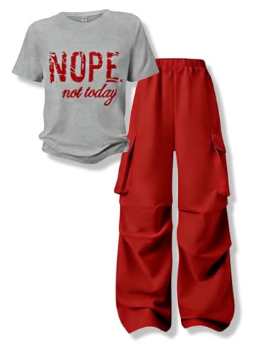 Voxikidio Little Girls Clothes Letter Print Short Sleeve Tops Cargo Pants Spring Fall Kids Clothes Girls Size 10-12 (Red Size 11-12)
