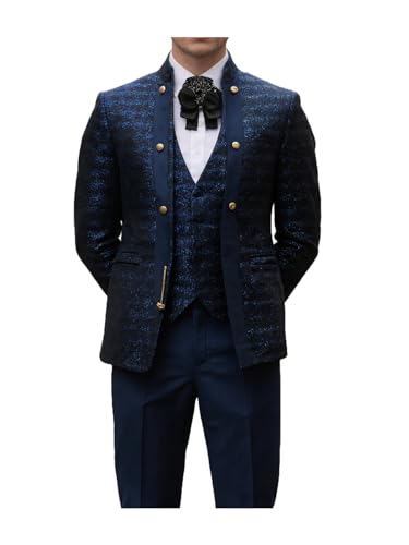 Mens Jacquard 3 Pieces Suit with Stand - up Collar Wedding Party Dinner Jacket Vest Pants Set