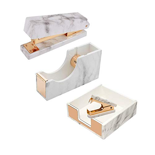 Marble White Office Supplies Set- Stapler | Tape Despenser | Memo Despensers Holder | Staple Remover Tool (Gold)