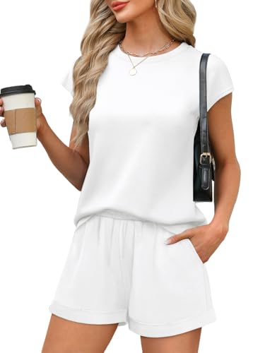 Image of WIHOLL 2 Piece Sets for Women Casual Summer Travel Vacation Outfits Cap Sleeve Shorts Lounge Set