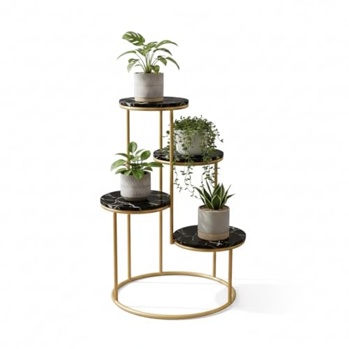 Image of Modern 4-Tier Plant Stand Indoor Metal & Wood | 60 cm Tall Multi-Level Flower Pot Stand | Heavy Duty Corner Plant Rack for Living Room, Balcony, Garden | Decorative Plant Holder for Indoor Use (Black Gold)