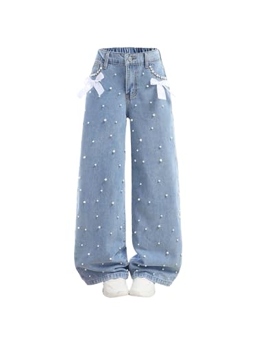 Verdusa Girl's Cute Pearl Beaded Bow Jeans Wide Leg Loose Denim Pants with Pockets