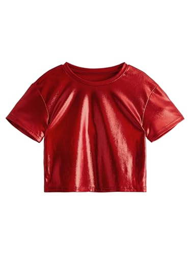 Image of Verdusa Girl's Metallic Crop Tee Top Sparkle Neon Shirts Concert Outfits