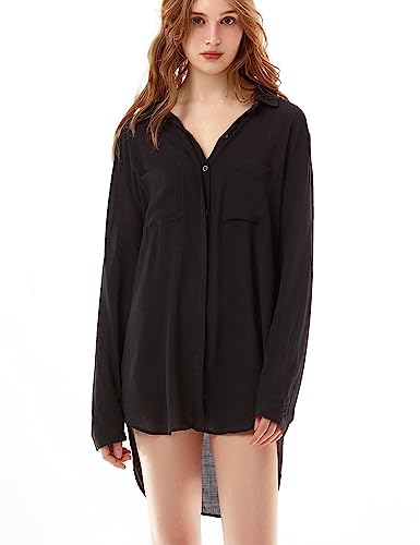 Image of TOUSYEA Sleep Shirts for Women Button Down Shirts Long Sleeve Sleepwear Swimsuit Cover Ups Soft Pajama Tops