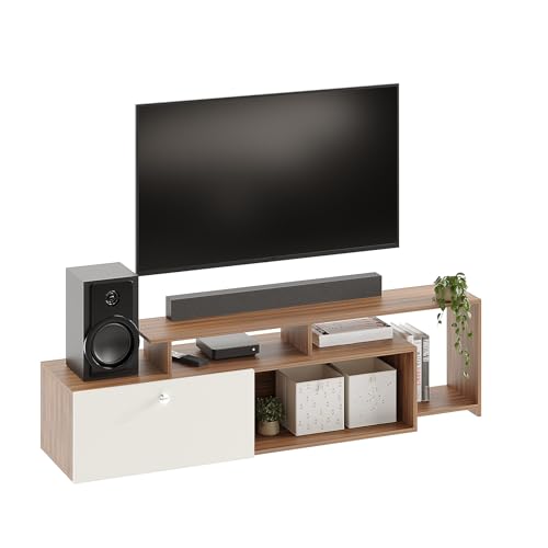 Image of FURNEASER Dexon Modern Engineered Wood Floor TV Cabinet with Storage | TV Entertainment Unit with Cabinet & Open Shelves | Media TV Stand for 32 to 55 Inch TV (Exotic Teak & White)