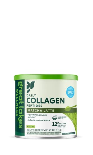 Great Lakes Wellness Collagen Peptides Powder Supplement for Skin Hair Nail Joints â Matcha Latte Flavored - Quick Dissolve Hydrolyzed, Non-GMO, Gluten-Free, No Preservatives, Halal - 9 oz Canister