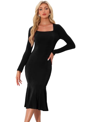 Robe midi à manches longues moulante et élégante pour femme à col carré