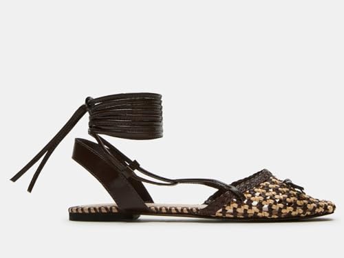 Image of Woven Ballet Flats for Women Lace Up Closed Square Toe Summer Sandals Dressy Shoes