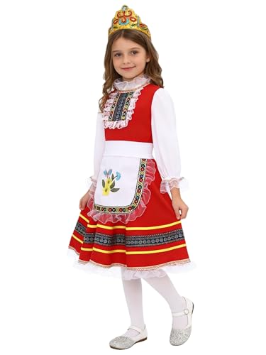 Yihuimin Costume Filles Russes pour Enfants Robe De Danse Traditionnelle Russe Anniversaire Partie Photographie Spectacle Scolaire Rouge Blanc 9-10 Ans