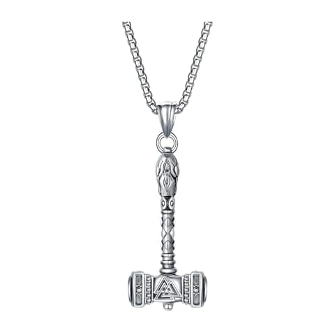Yaumatea Viking Thor's Hammer Necklace For Men Women Vintage Norse Mjolnir Hammer Amulet Powerful Protection Jewelry Gifts Stainless Steel 24 inches (Thor Hammer Valknut 1, Silver) Cover