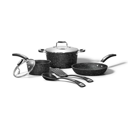 Starfrit The Rock 7PC Non-Stick Cookware Set - Durable Forged Aluminum - Oven Safe - PFOA Free - Easy to Clean - Black