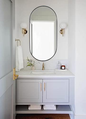 Image of TEHOME Black Oval Bathroom Mirror 20x40'' Pill Shaped Oblong Vanity Mirror Metal Framed Capsule Mirror for Wall in Stainless Steel Rounded Rectangular Mirrors for Wall Mounted