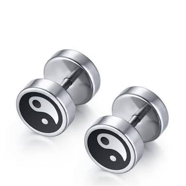 Silver 316 L Stainless Steel Yin Yang Fashion Screw Barbell Enamel Earrings Studs for Men