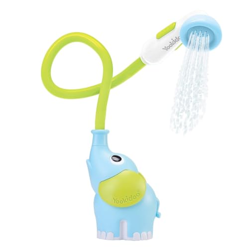 Image of Yookidoo Baby Bath Shower Head - Elephant Water Pump with Trunk Spout Rinser - Control Water Flow from 2 Elephant Trunk Knobs for Maximum Fun in Tub or Sink for Newborn Babies (Blue)