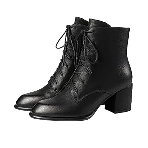 Generisch Botines para mujer con tacón, plataforma con cordones, botines de piel negra elegantes para el tobillo, antideslizantes, botas cortas, monocolor, zapatos informales, modernos, Negro , 37 EU