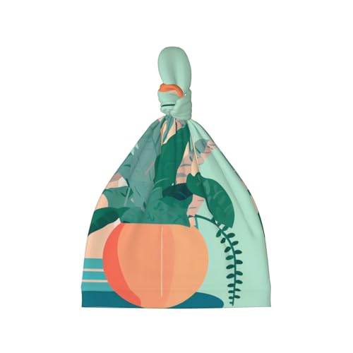 Indoor Cartoon Potted Green Plants Print Newborn Baby Hat, Soft Top Knotted Beanie Cap, Cute Infant Headwear for 0-6 Months Welcome Party