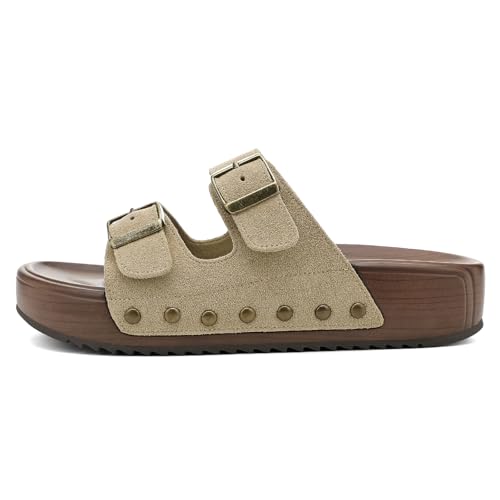 Image of UBFEN Womens Platform Slide Sandals | Real Leather,Buckle Sandals with Cushioned Flatform Footbed,Comfortable for Walking,Arch Support,Casual Styling