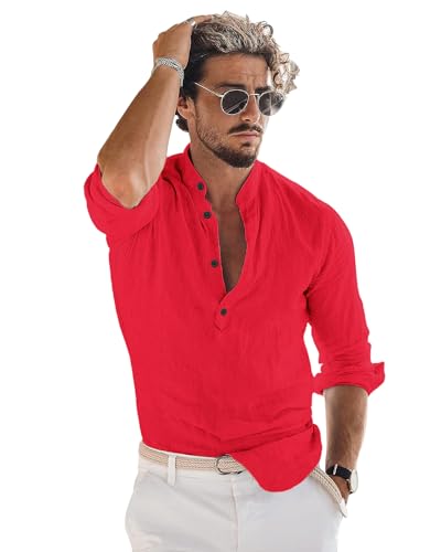 Image of Men's Cotton Blend Straight Kurta Shirt with Mandarin Collar - Slim Fit Casual Short Kurti Featuring Textured Slub Fabric and Roll-Up Full Sleeves