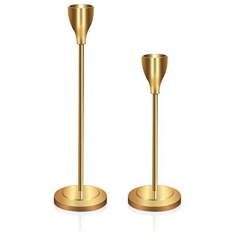 GiveU Gold Taper 2 Pack Wedding & Dinning Table Centerpieces Decorative Brass Candlestick Holder, Metal Candelabra,Fits 3/4 inch Thick Led Candles,6 & 8inches Height, 6&8' Cover