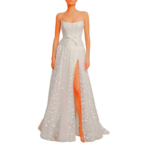 Women’S Strapless Wedding Dress|Sequin High Slit Drop Waist Bridal Gown|for Fashion Bride Cream