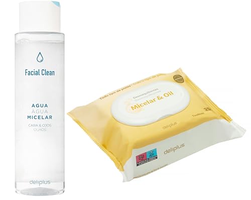 [Pack desmaquillador Cara y ojos Micelar] 1 Bote de 400ml de agua micelar cara y ojos Facial Clean + 25 unidades de toallitas desmaquillantes Micelar & Oil | Apto para todo tipo de piel