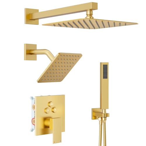 Juego de grifo para ducha en oro cepillado con cabezales de ducha lluvia de 10" y 8" | Sistema de ducha metálico completo para dos personas, cabezal de ducha de pared con rociador manual, válvula de ducha de 3 vías y kit de acabados miniatura 1