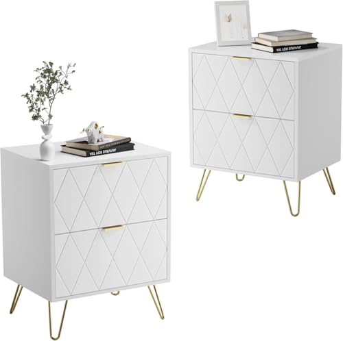 UEV Lot de 2 Tables de Nuit, Tables d’Appoint avec 2 Tiroirs, Pieds en Couleur Doré, Style Moderne, Scandinave pour Salon, Chambre, 40 x 30 x 52 cm, Blanc