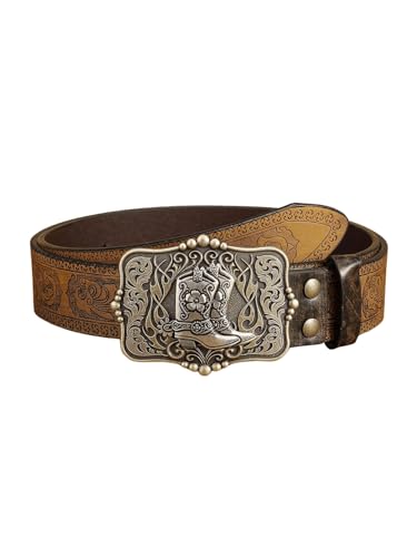 Women's Rhinestone Buckle Belt Floral Embossed Turquoise Leather Belt Cowgirl Vintage Waist Belt