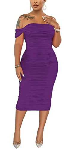 Image of Fooullaide Women's Sexy Off Shoulder Sleeveless Bodycon Ruched Midi Dress | Stretchy, Breathable, Mesh, Not See-Through, Elegant,Formal Gown, Cocktail, Evening, Party, Night Out Tube Dresses