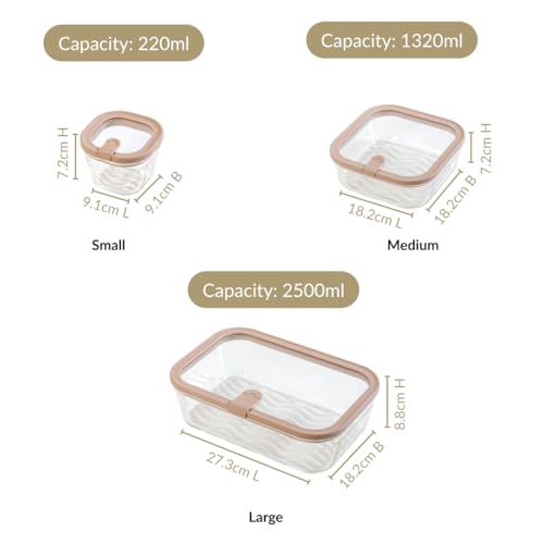 Image of Nestasia Vento Glass Containers with Lid Set of 4 (220ml x 2, 1320ml x 1, 2500ml x 1) - Microwave, Refrigerator & Dishwasher Safe Containers with Air Vent Lid for Fridge Storage (Beige)