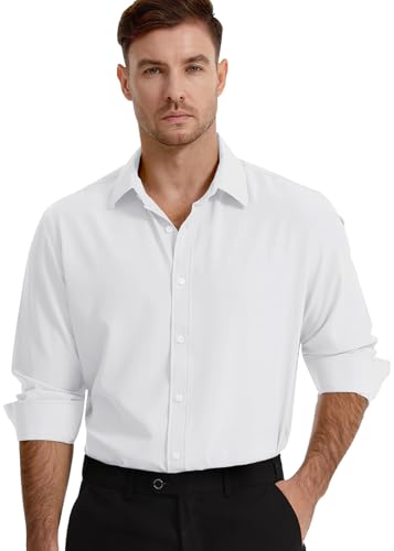 Demofair Mens Dress Shirts Four-Way Stretch Wrinkle Resistence Long Sleeve Button Down for Casual Solid Business Formal Regular Fit (White Large)