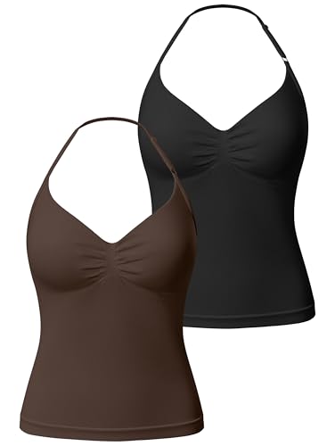 OQQ Women’s Longline Strappy Sports Bra Workout Top with Built-in Bra Soft Stretch Gym Top 2 Pack Black Darkbrown