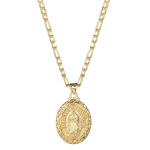kelistom 14K Gold Plated Guadalupe Virgin Mary Pendant Necklace for Women Men 3mm Flat Figaro Chain Necklace 18/22 inch